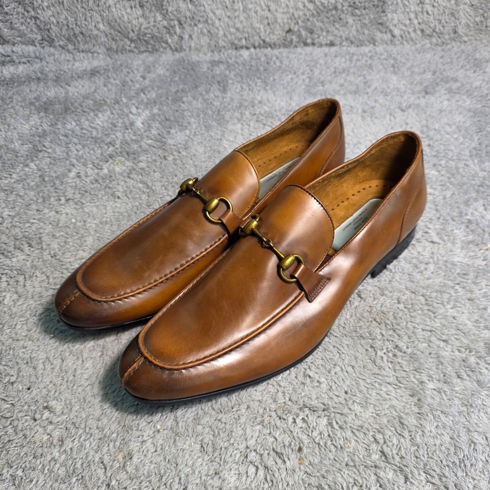 Kenneth Cole Loafer Cognac Brown Leather Horse Bit Sleek Apron Toe Mens 11 NEW